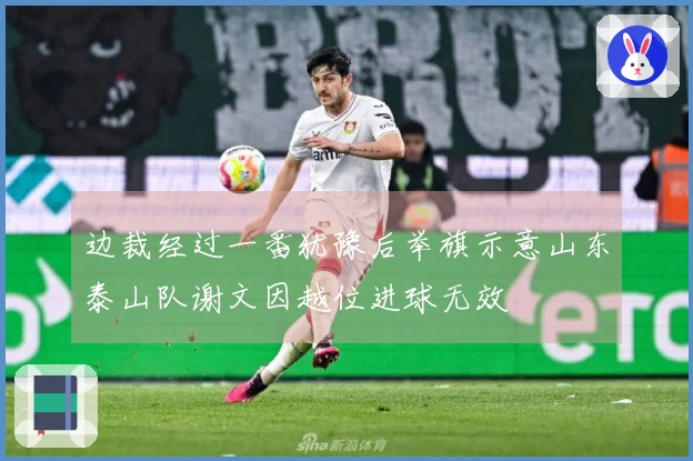 边裁经过一番犹豫后举旗示意山东泰山队谢文因越位进球无效